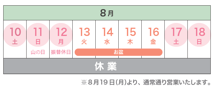 （2024年）8月10日（土）～18日（日）の間夏季休業とさせていただきます。