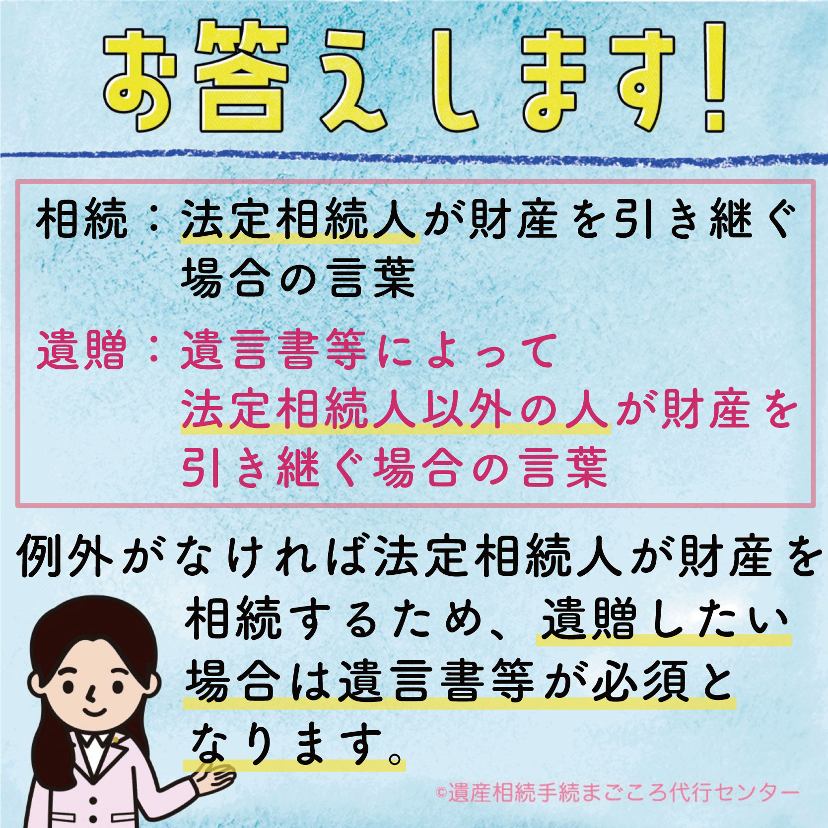 遺贈とは、遺言書等によって法定相続人以外の人が財産を引き継ぐ場合の言葉